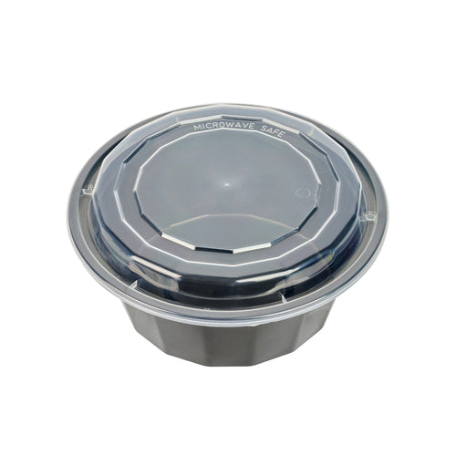 Asporto 32 oz Round Black Plastic To Go Box - with Clear Lid, Microwavable - 7 1/4" x 7 1/4" x 3" - 100 count box