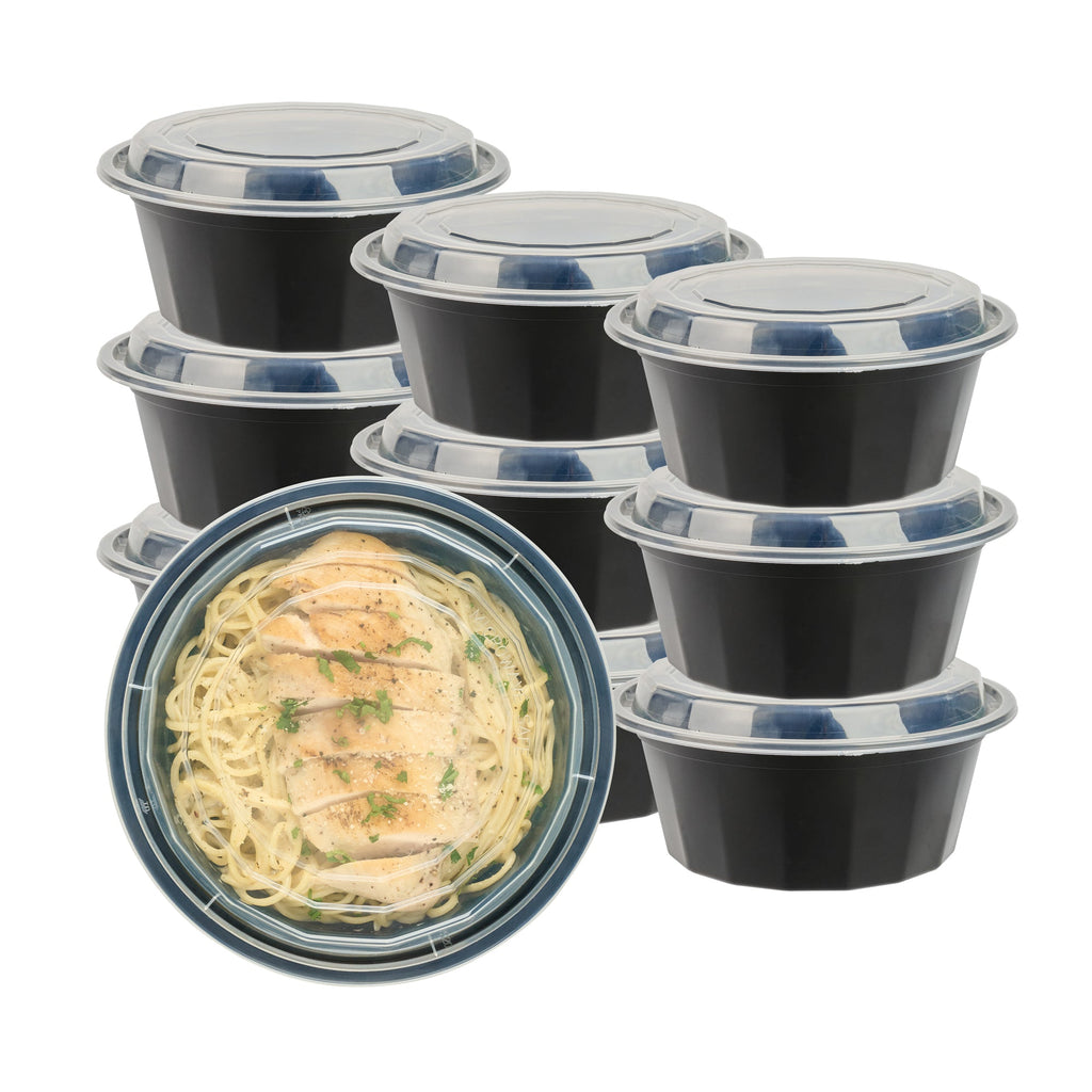 Asporto 32 oz Round Black Plastic To Go Box - with Clear Lid, Microwavable - 7 1/4" x 7 1/4" x 3" - 100 count box