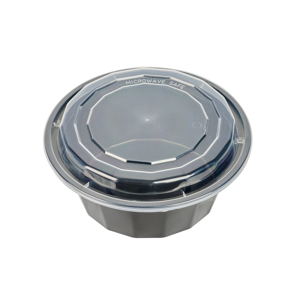 Asporto 32 oz Round Black Plastic To Go Box - with Clear Lid, Microwavable - 7 1/4" x 7 1/4" x 3" - 50 count box