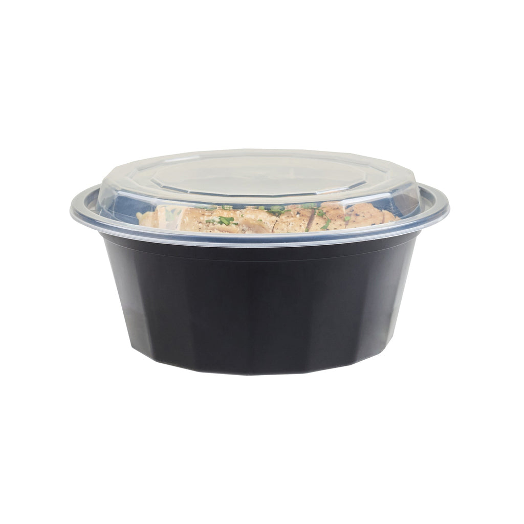 Asporto 32 oz Round Black Plastic To Go Box - with Clear Lid, Microwavable - 7 1/4" x 7 1/4" x 3" - 50 count box