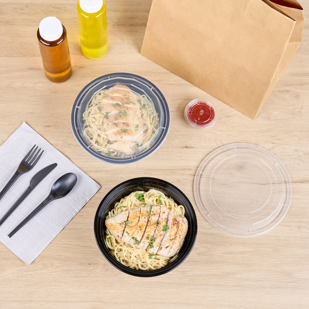 Asporto 32 oz Round Black Plastic To Go Box - with Clear Lid, Microwavable - 7 1/4" x 7 1/4" x 3" - 50 count box