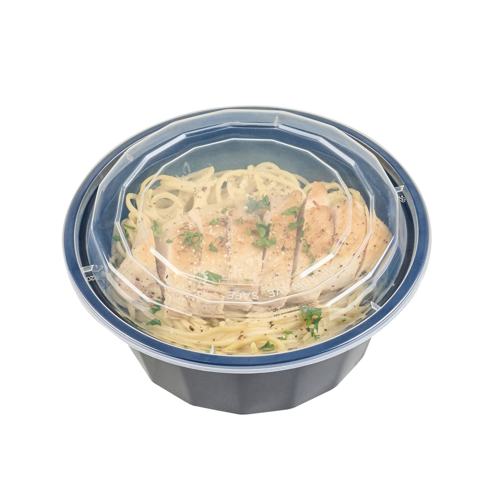 Asporto 32 oz Round Black Plastic To Go Box - with Clear Lid, Microwavable - 7 1/4" x 7 1/4" x 3" - 100 count box