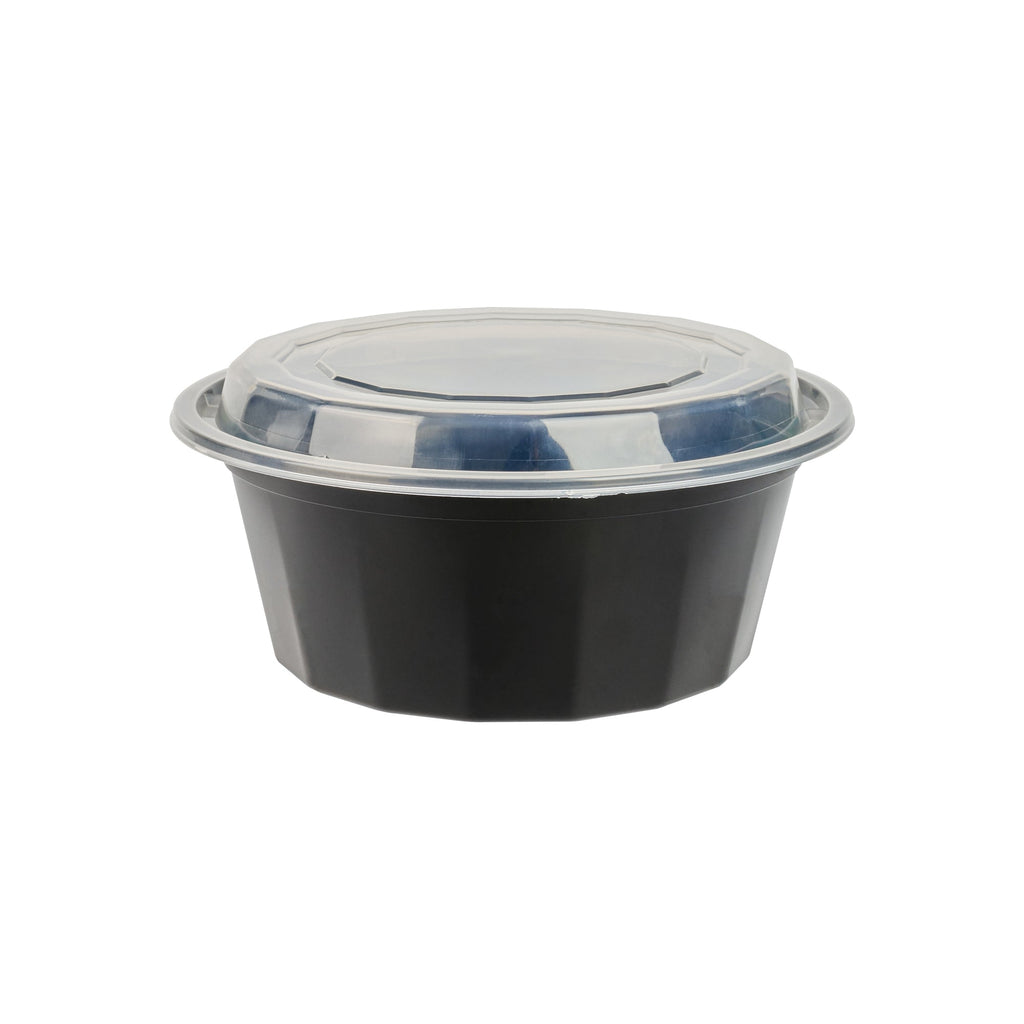Asporto 32 oz Round Black Plastic To Go Box - with Clear Lid, Microwavable - 7 1/4" x 7 1/4" x 3" - 100 count box