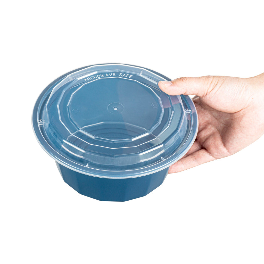 Asporto 32 oz Round Midnight Blue Plastic To Go Box - with Clear Lid, Microwavable - 7 1/4" x 7 1/4" x 3" - 100 count box