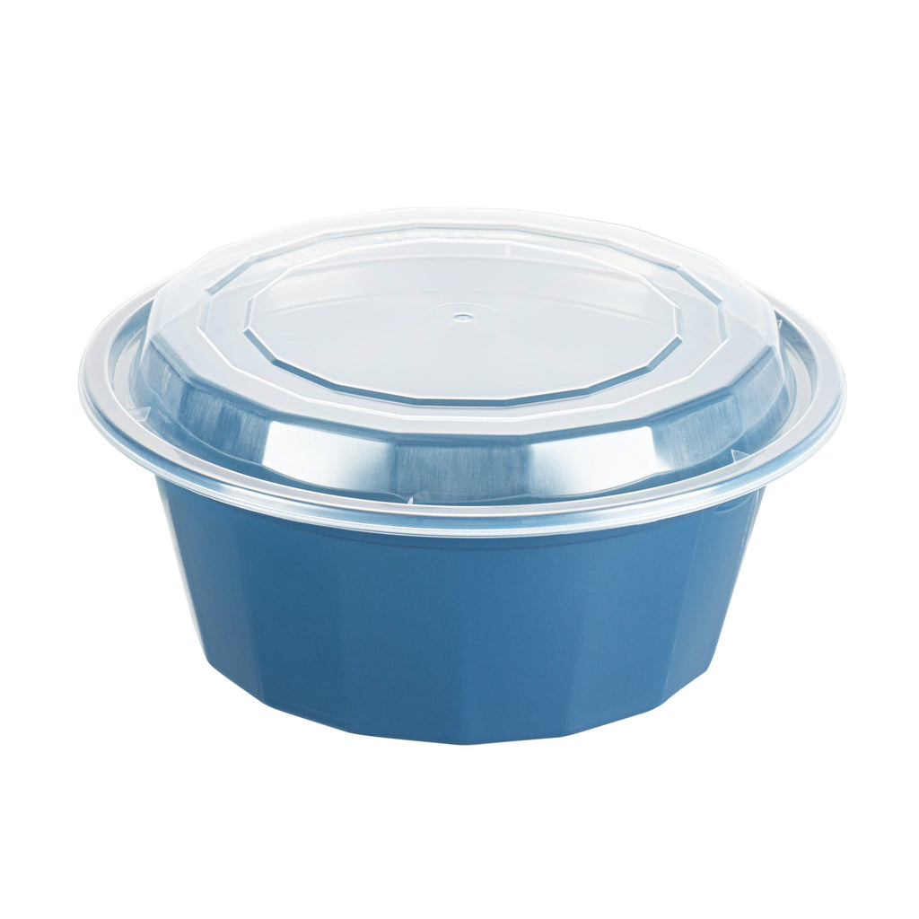 Asporto 32 oz Round Midnight Blue Plastic To Go Box - with Clear Lid, Microwavable - 7 1/4" x 7 1/4" x 3" - 100 count box