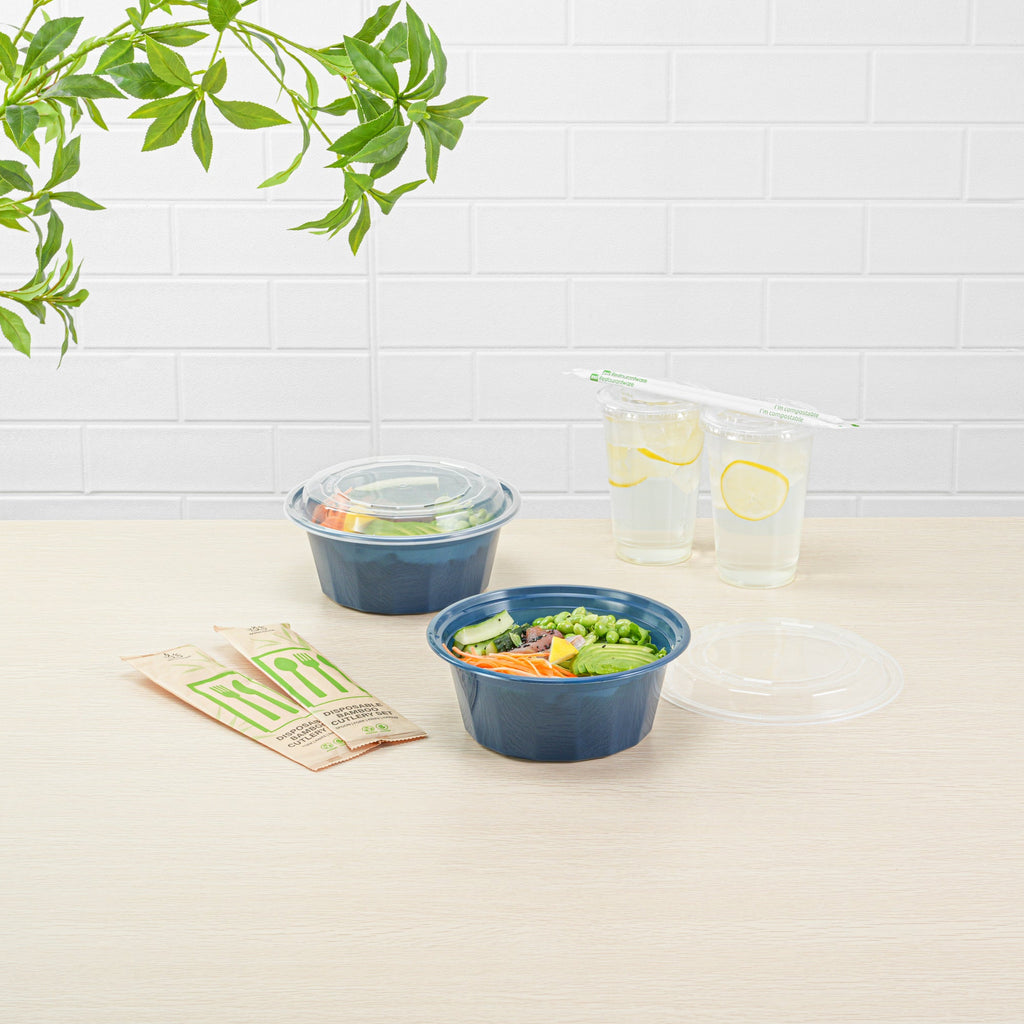 Asporto 32 oz Round Midnight Blue Plastic To Go Box - with Clear Lid, Microwavable - 7 1/4" x 7 1/4" x 3" - 100 count box