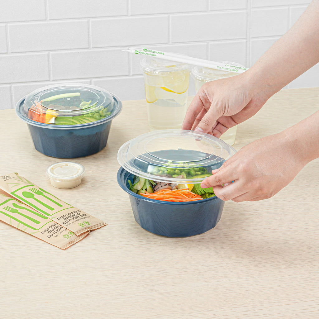 Asporto 32 oz Round Midnight Blue Plastic To Go Box - with Clear Lid, Microwavable - 7 1/4" x 7 1/4" x 3" - 100 count box
