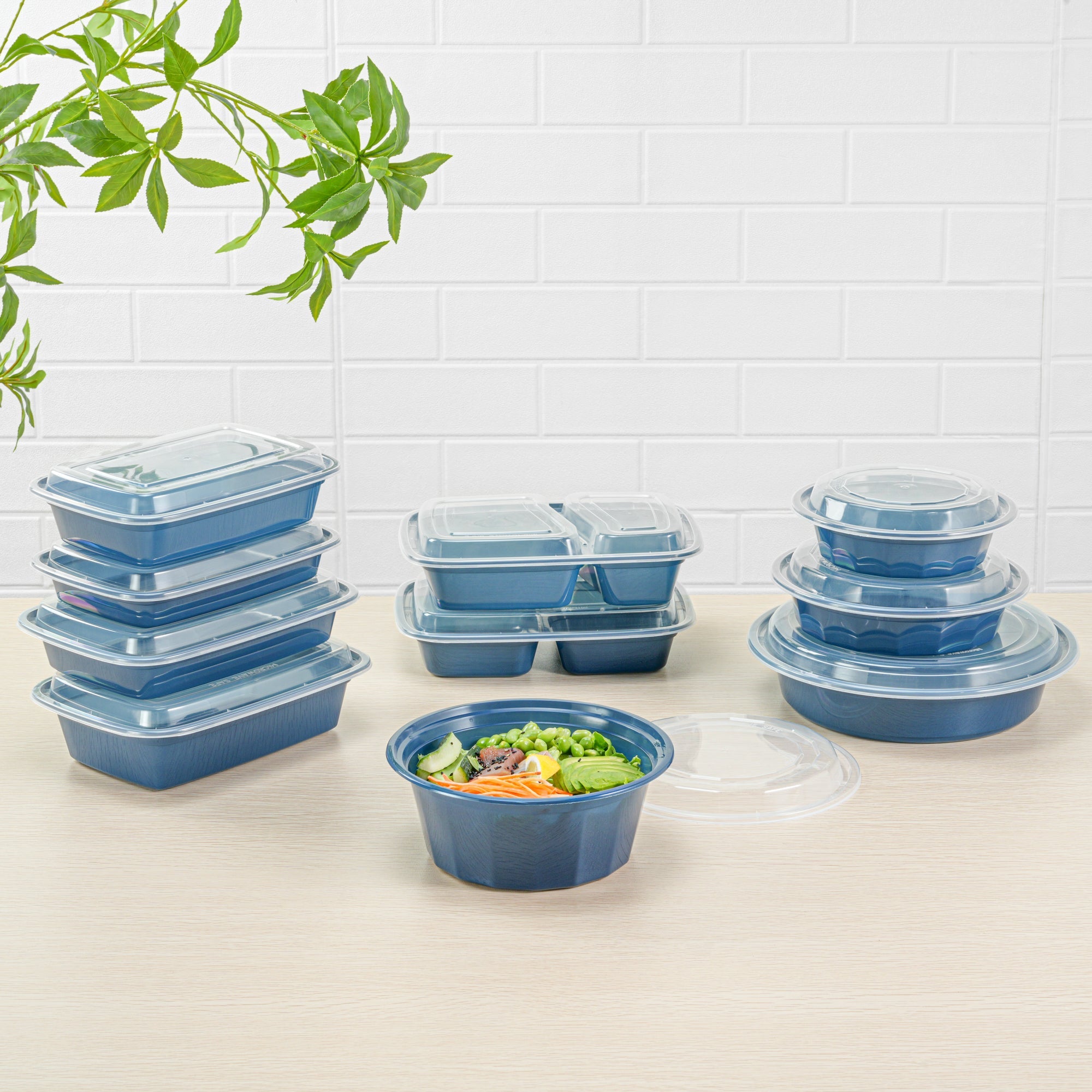 Asporto 32 oz Round Midnight Blue Plastic To Go Box - with Clear Lid, Microwavable - 7 1/4" x 7 1/4" x 3" - 100 count box