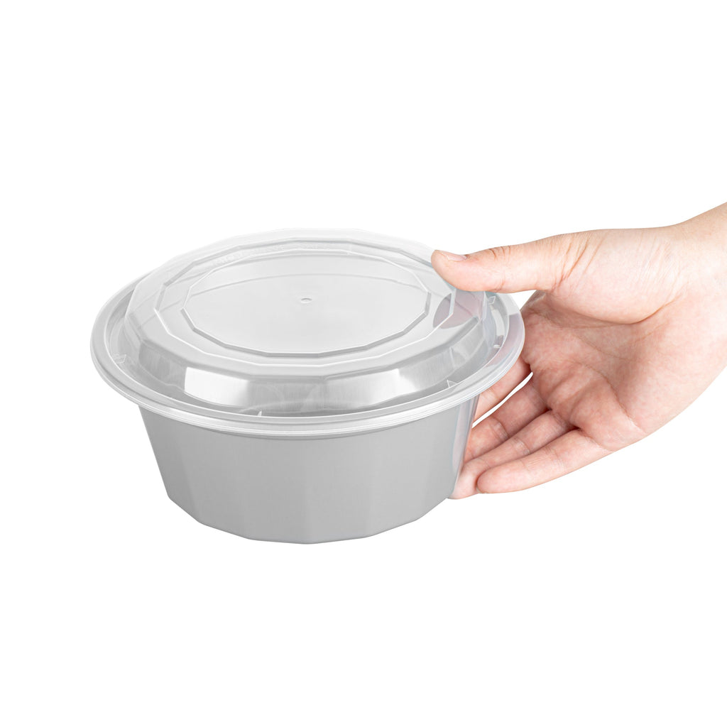 Asporto 32 oz Round Silver Plastic To Go Box - with Clear Lid, Microwavable - 7 1/4" x 7 1/4" x 3" - 100 count box