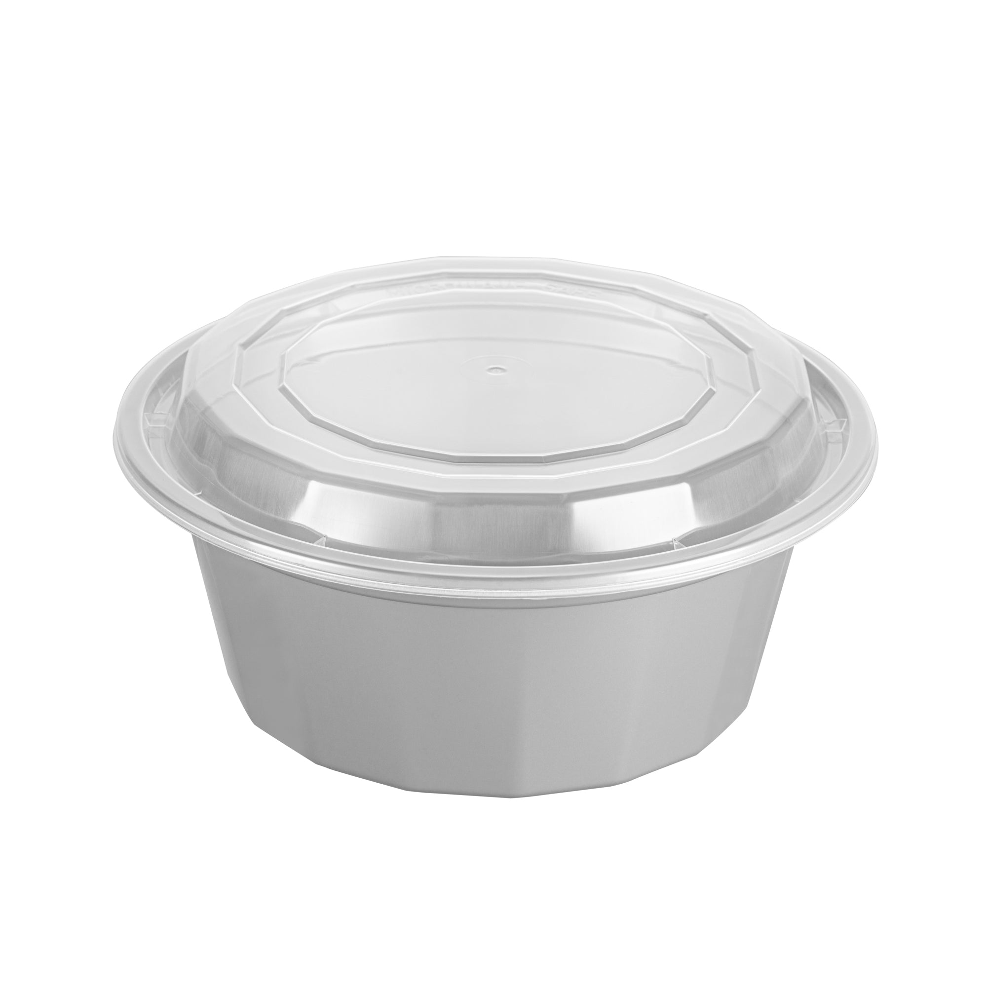 Asporto 32 oz Round Silver Plastic To Go Box - with Clear Lid, Microwavable - 7 1/4" x 7 1/4" x 3" - 100 count box