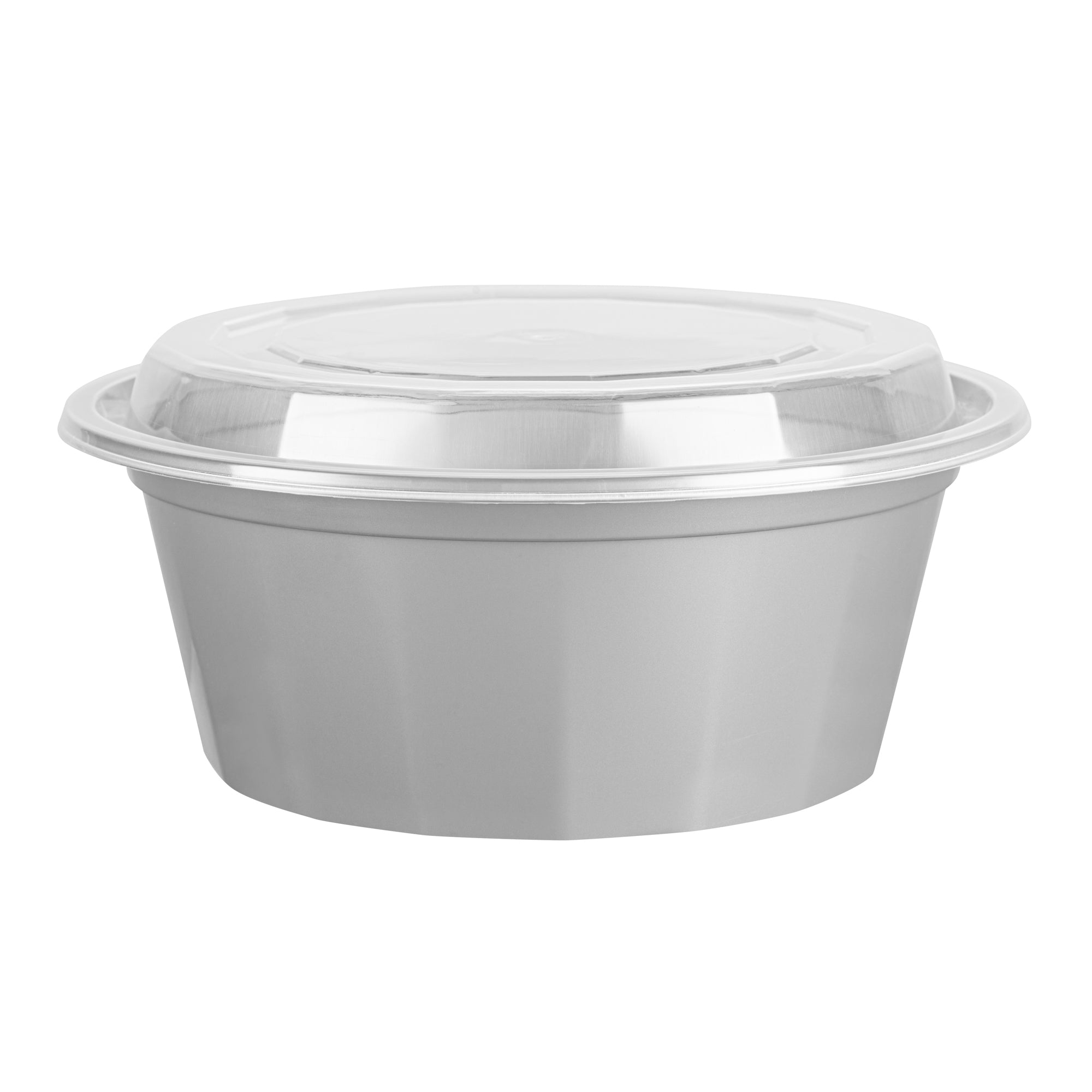 Asporto 32 oz Round Silver Plastic To Go Box - with Clear Lid, Microwavable - 7 1/4" x 7 1/4" x 3" - 100 count box