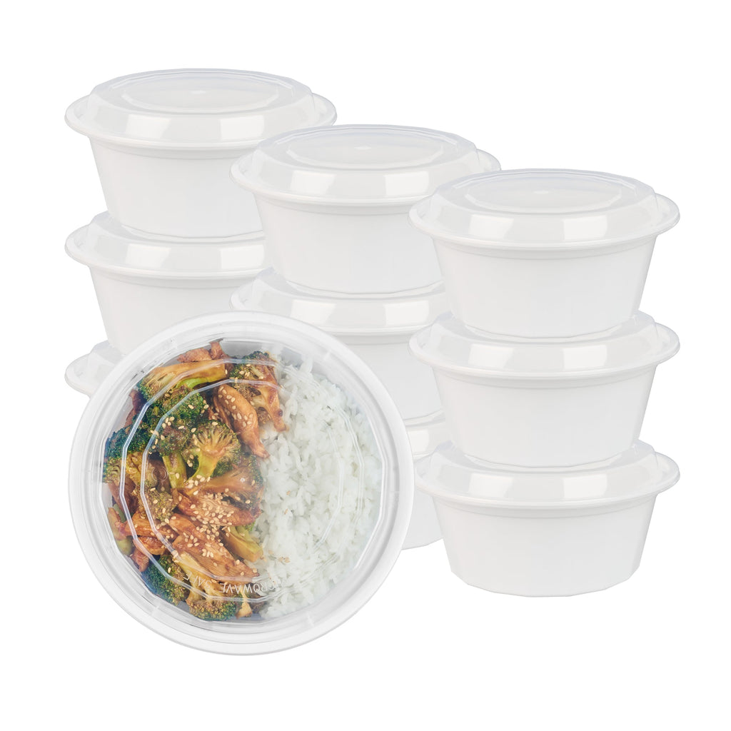 Asporto 32 oz Round White Plastic To Go Box - with Clear Lid, Microwavable - 7 1/4" x 7 1/4" x 3" - 100 count box
