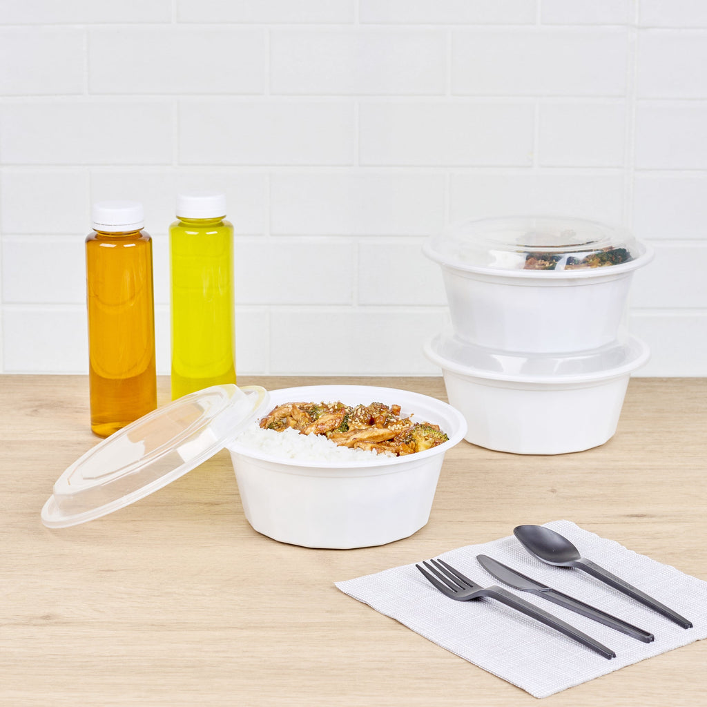 Asporto 32 oz Round White Plastic To Go Box - with Clear Lid, Microwavable - 7 1/4" x 7 1/4" x 3" - 50 count box