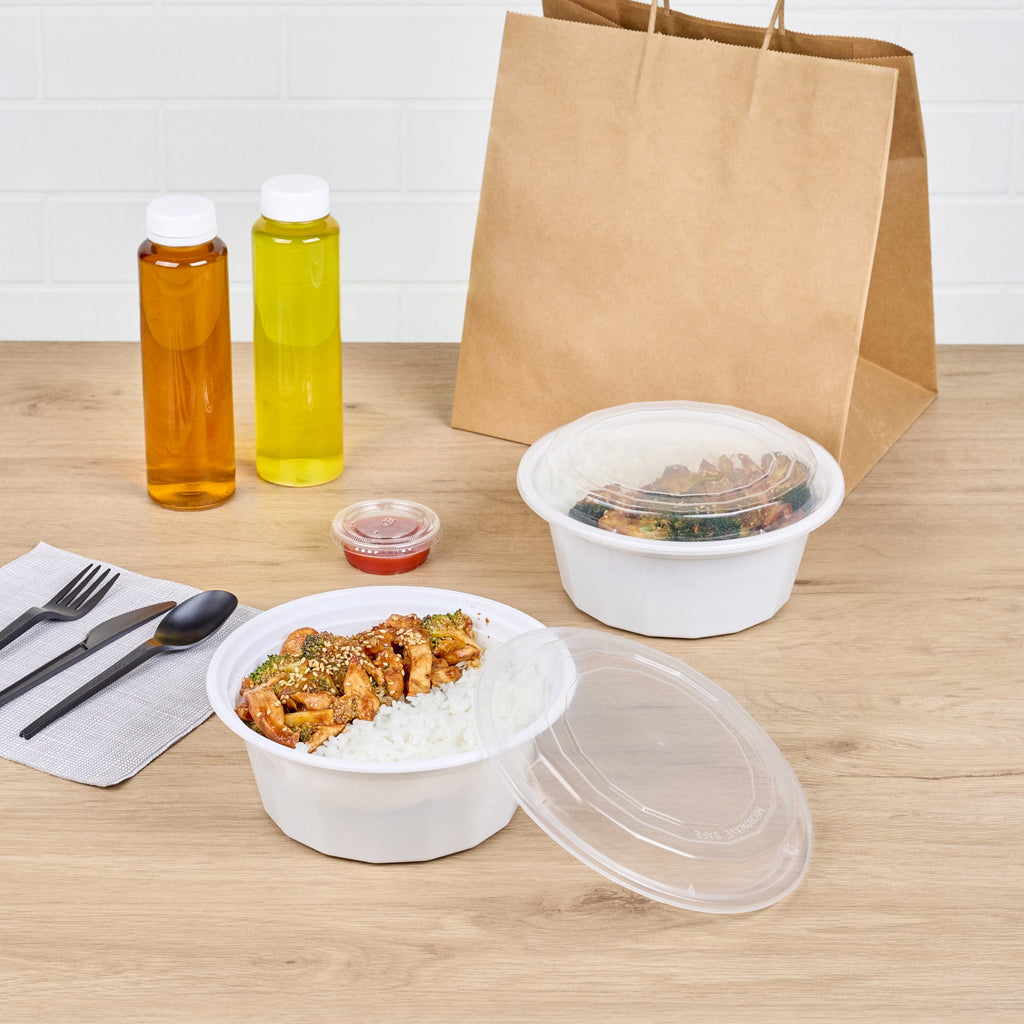 Asporto 32 oz Round White Plastic To Go Box - with Clear Lid, Microwavable - 7 1/4" x 7 1/4" x 3" - 100 count box