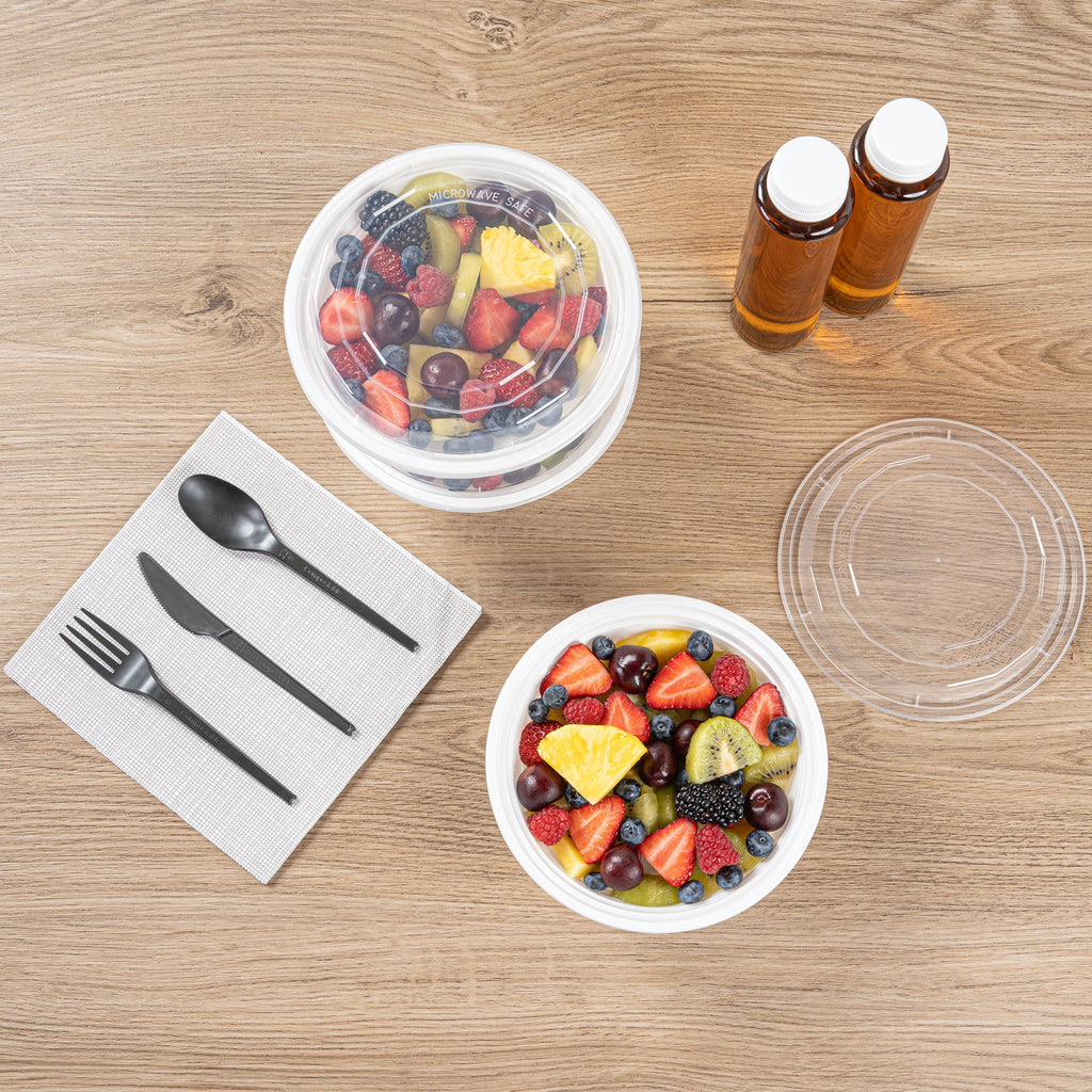 Asporto 32 oz Round White Plastic To Go Box - with Clear Lid, Microwavable - 7 1/4" x 7 1/4" x 3" - 100 count box
