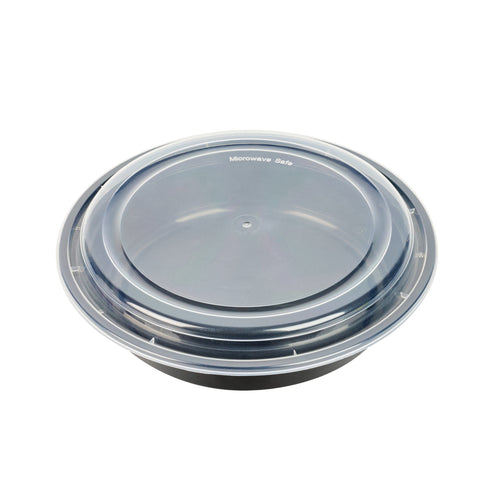 Asporto 48 oz Round Black Plastic To Go Box - with Clear Lid, Microwavable - 9" x 9" x 1 3/4" - 100 count box