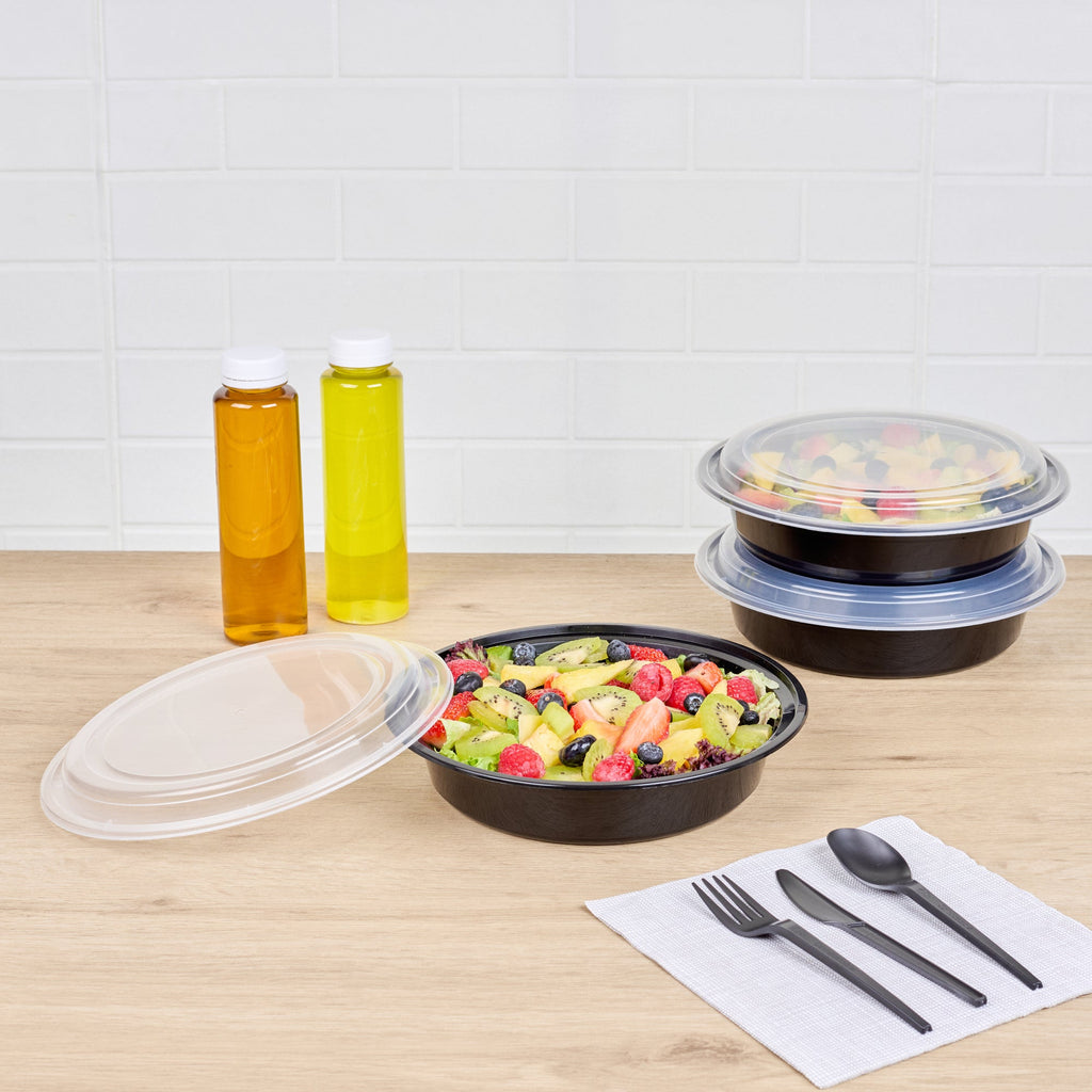Asporto 48 oz Round Black Plastic To Go Box - with Clear Lid, Microwavable - 9" x 9" x 1 3/4" - 100 count box