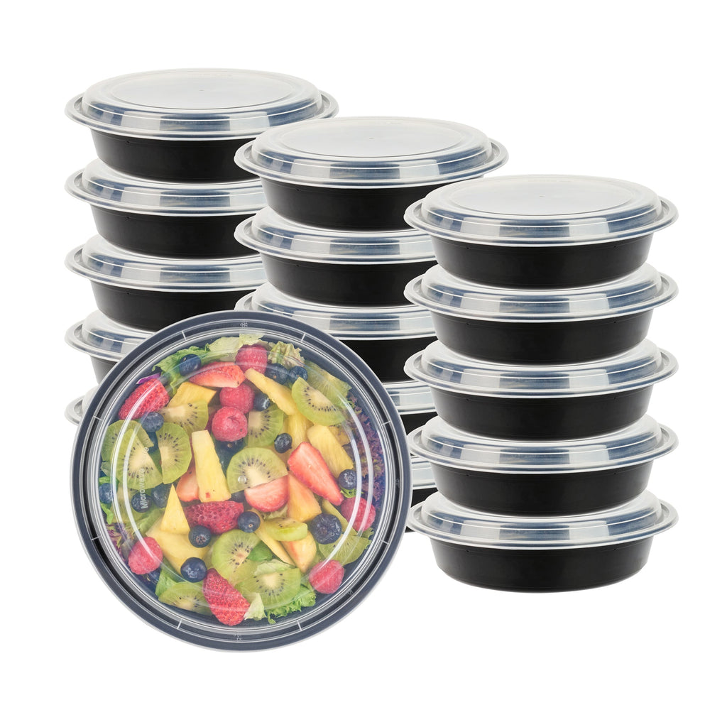 Asporto 48 oz Round Black Plastic To Go Box - with Clear Lid, Microwavable - 9" x 9" x 1 3/4" - 50 count box