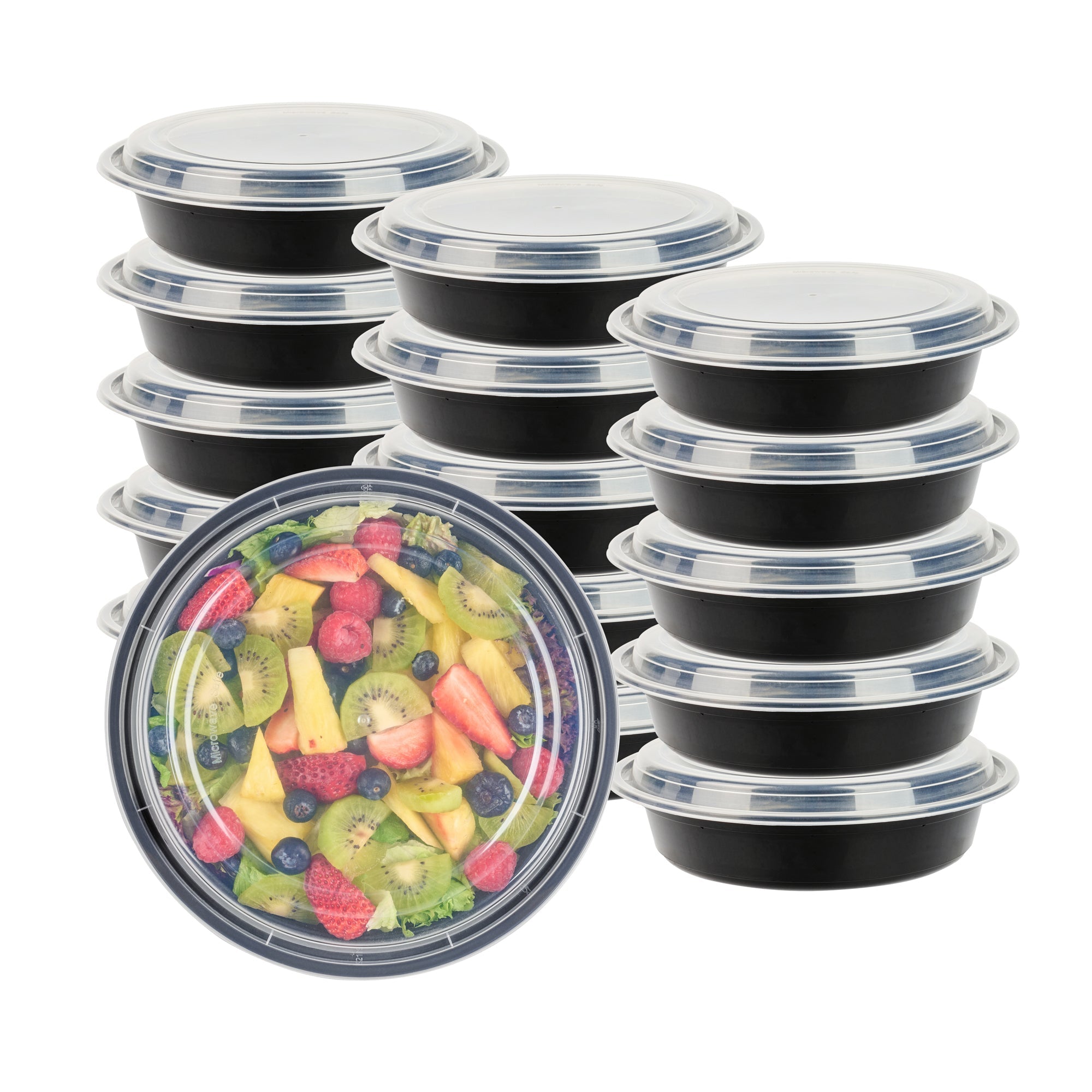 Asporto 48 oz Round Black Plastic To Go Box - with Clear Lid, Microwavable - 9" x 9" x 1 3/4" - 50 count box