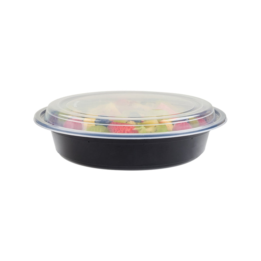 Asporto 48 oz Round Black Plastic To Go Box - with Clear Lid, Microwavable - 9" x 9" x 1 3/4" - 50 count box