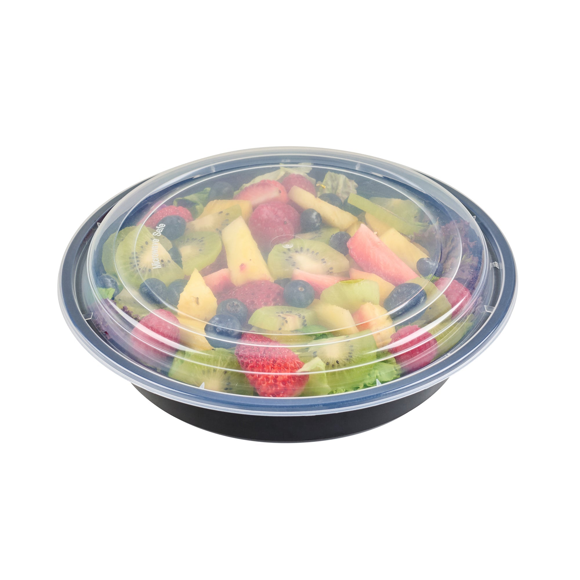 Asporto 48 oz Round Black Plastic To Go Box - with Clear Lid, Microwavable - 9" x 9" x 1 3/4" - 50 count box