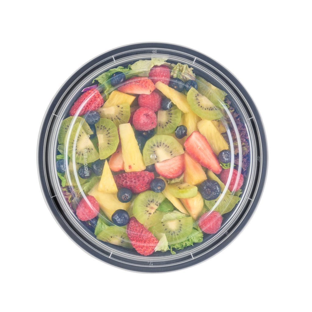 Asporto 48 oz Round Black Plastic To Go Box - with Clear Lid, Microwavable - 9" x 9" x 1 3/4" - 50 count box