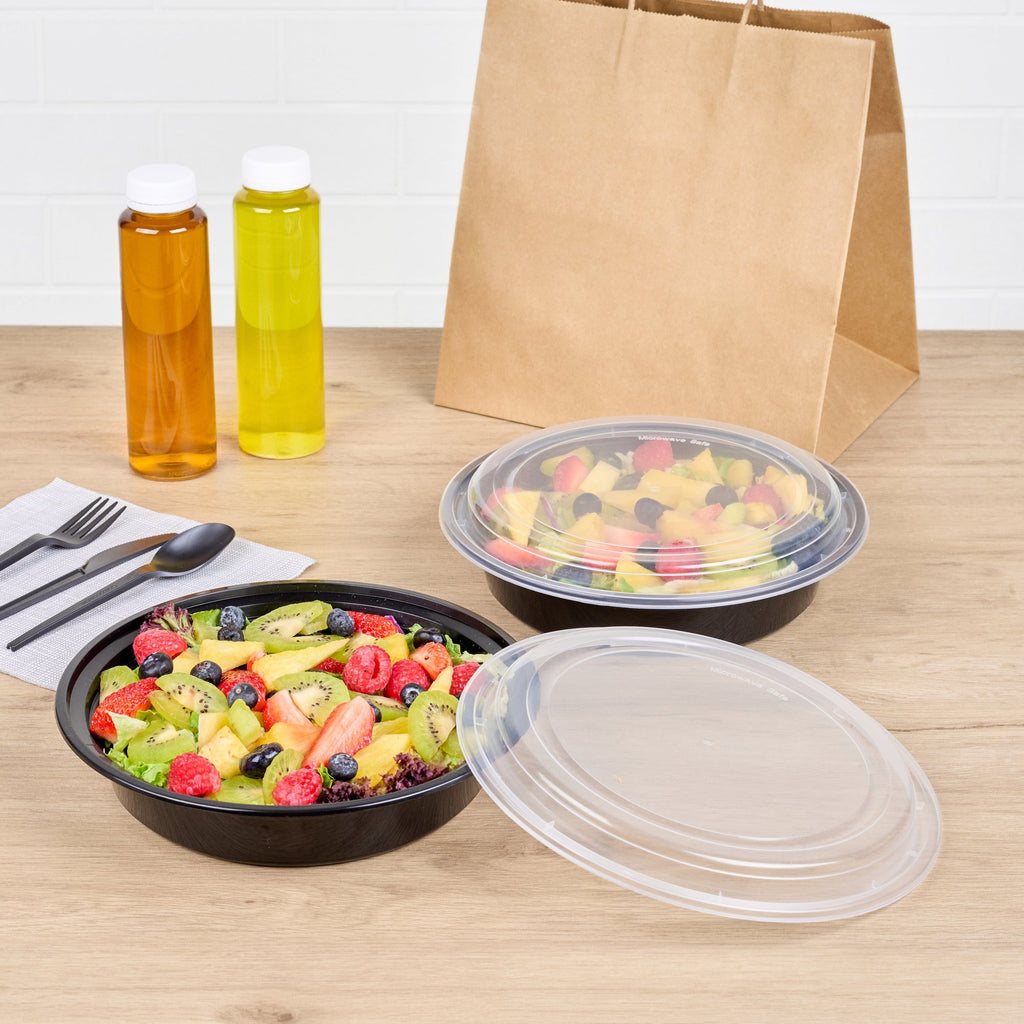 Asporto 48 oz Round Black Plastic To Go Box - with Clear Lid, Microwavable - 9" x 9" x 1 3/4" - 50 count box