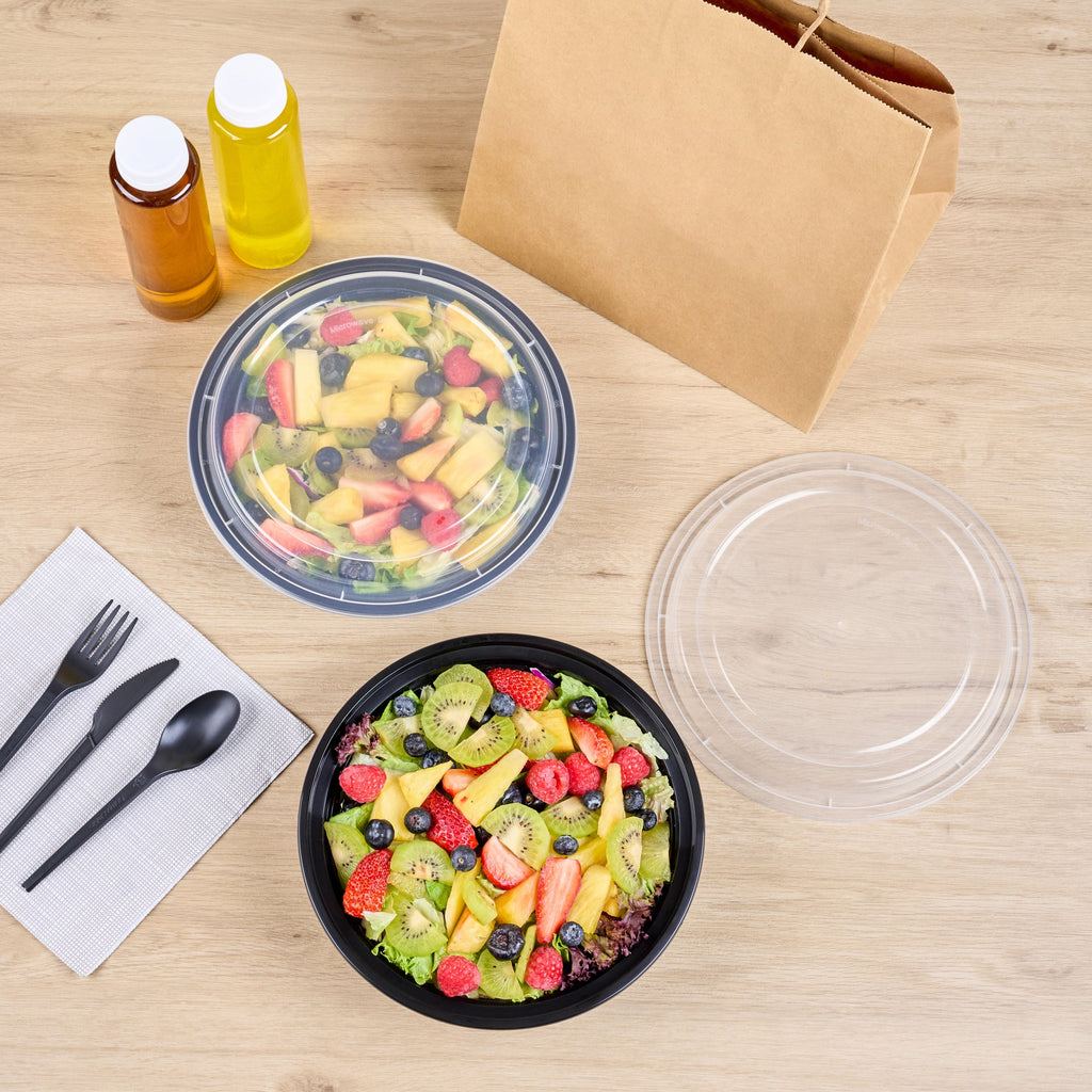 Asporto 48 oz Round Black Plastic To Go Box - with Clear Lid, Microwavable - 9" x 9" x 1 3/4" - 50 count box