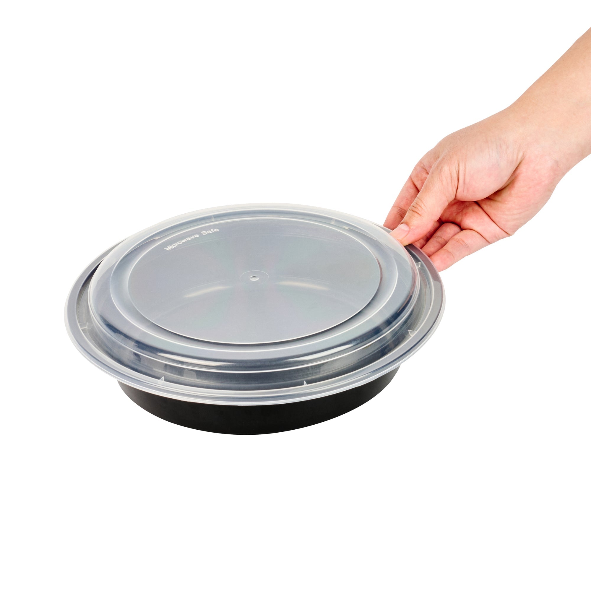 Asporto 48 oz Round Black Plastic To Go Box - with Clear Lid, Microwavable - 9" x 9" x 1 3/4" - 100 count box