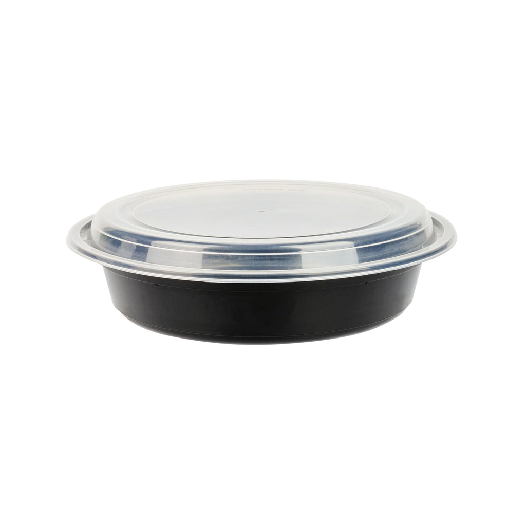 Asporto 48 oz Round Black Plastic To Go Box - with Clear Lid, Microwavable - 9" x 9" x 1 3/4" - 100 count box