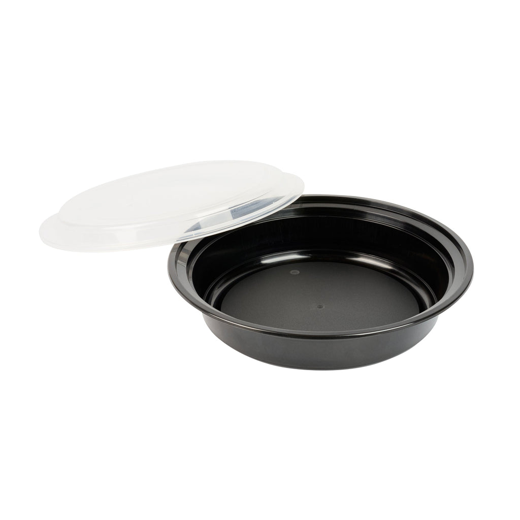Asporto 48 oz Round Black Plastic To Go Box - with Clear Lid, Microwavable - 9" x 9" x 1 3/4" - 100 count box