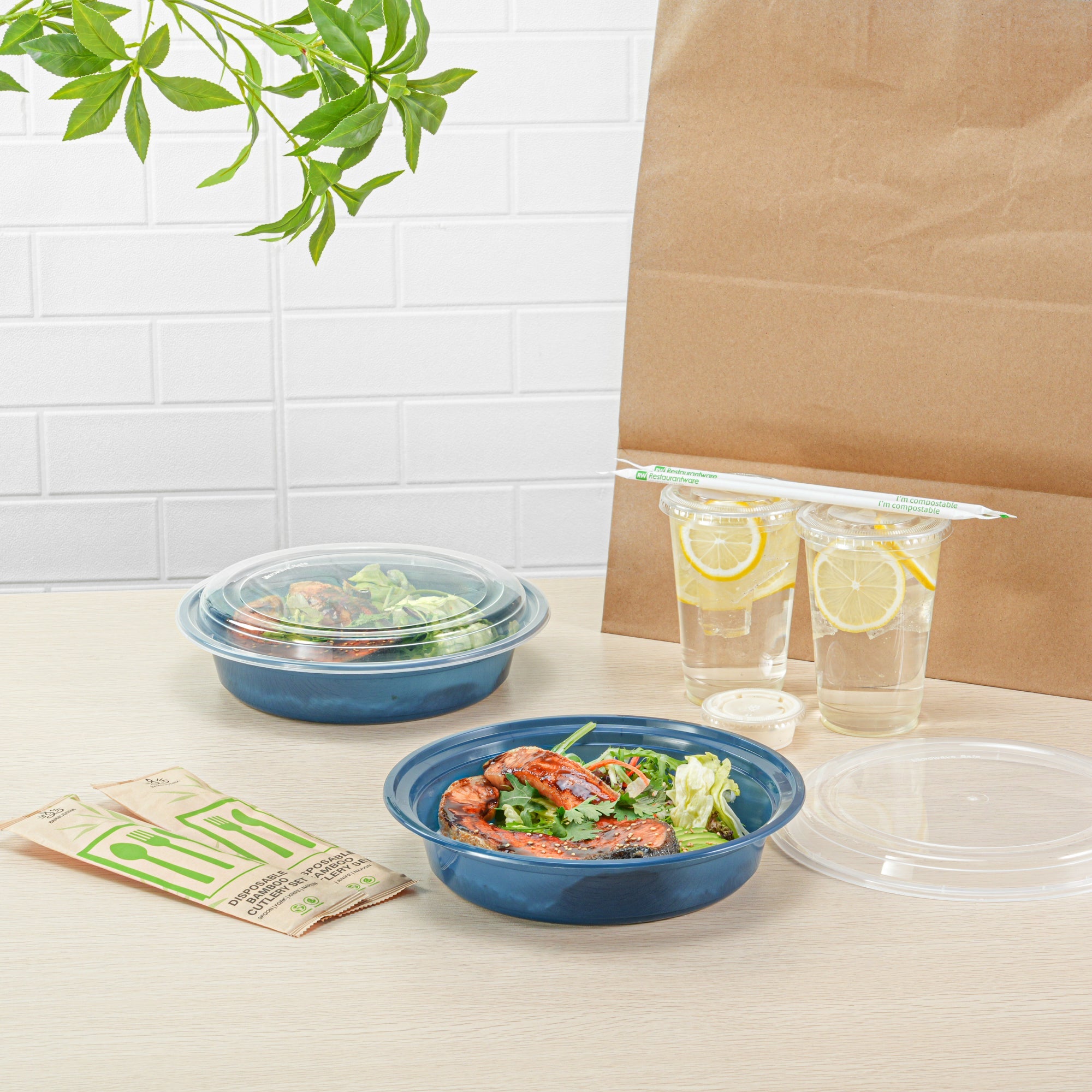 Asporto 48 oz Round Midnight Blue Plastic To Go Box - with Clear Lid, Microwavable - 9" x 9" x 1 3/4" - 100 count box