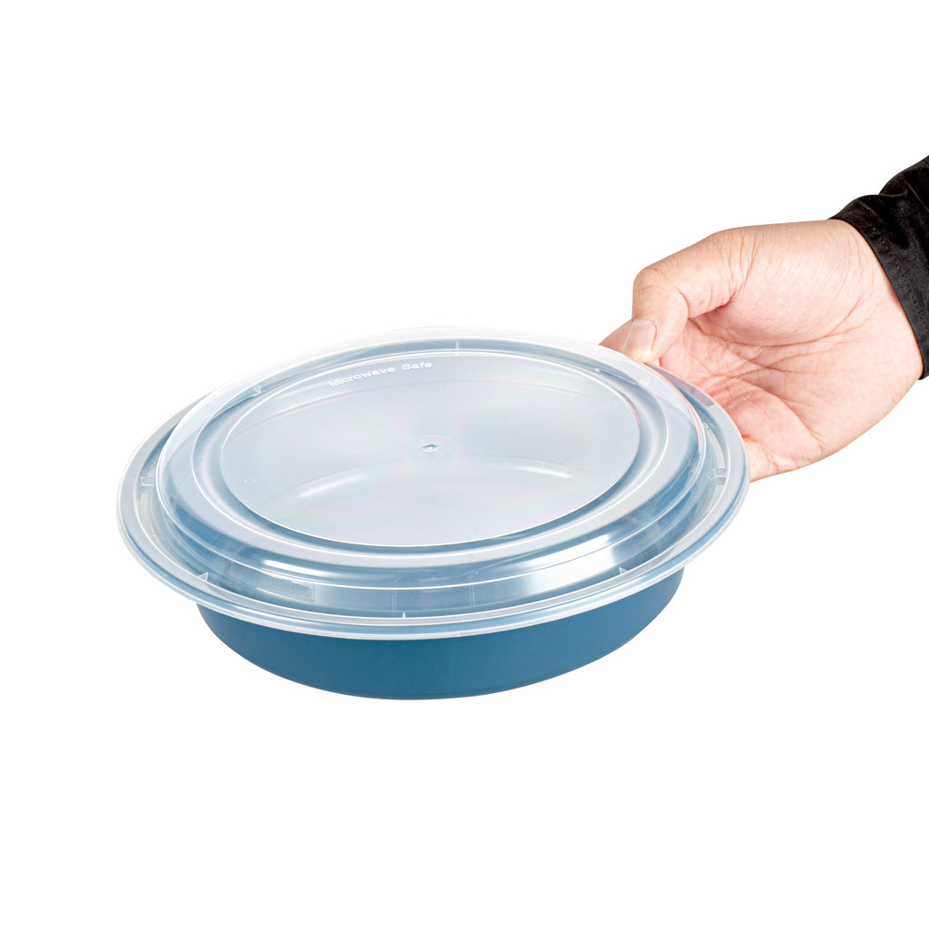 Asporto 48 oz Round Midnight Blue Plastic To Go Box - with Clear Lid, Microwavable - 9" x 9" x 1 3/4" - 100 count box