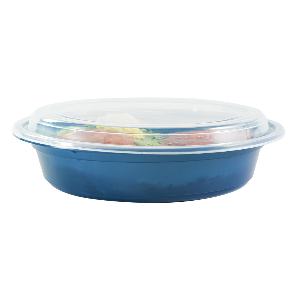 Asporto 48 oz Round Midnight Blue Plastic To Go Box - with Clear Lid, Microwavable - 9" x 9" x 1 3/4" - 100 count box