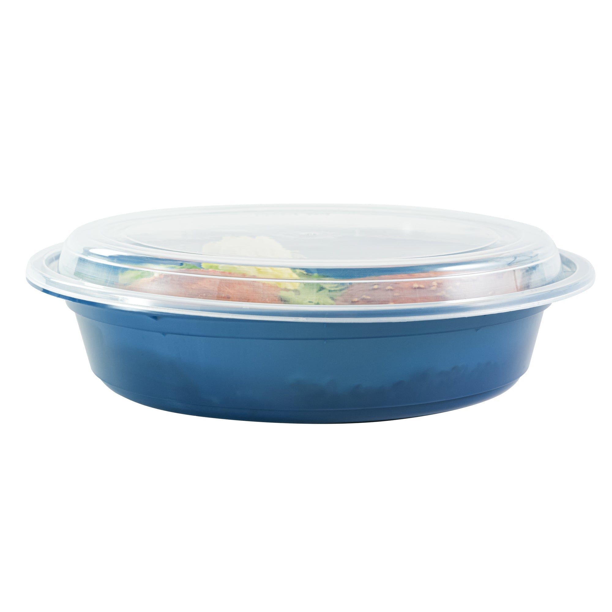 Asporto 48 oz Round Midnight Blue Plastic To Go Box - with Clear Lid, Microwavable - 9" x 9" x 1 3/4" - 100 count box