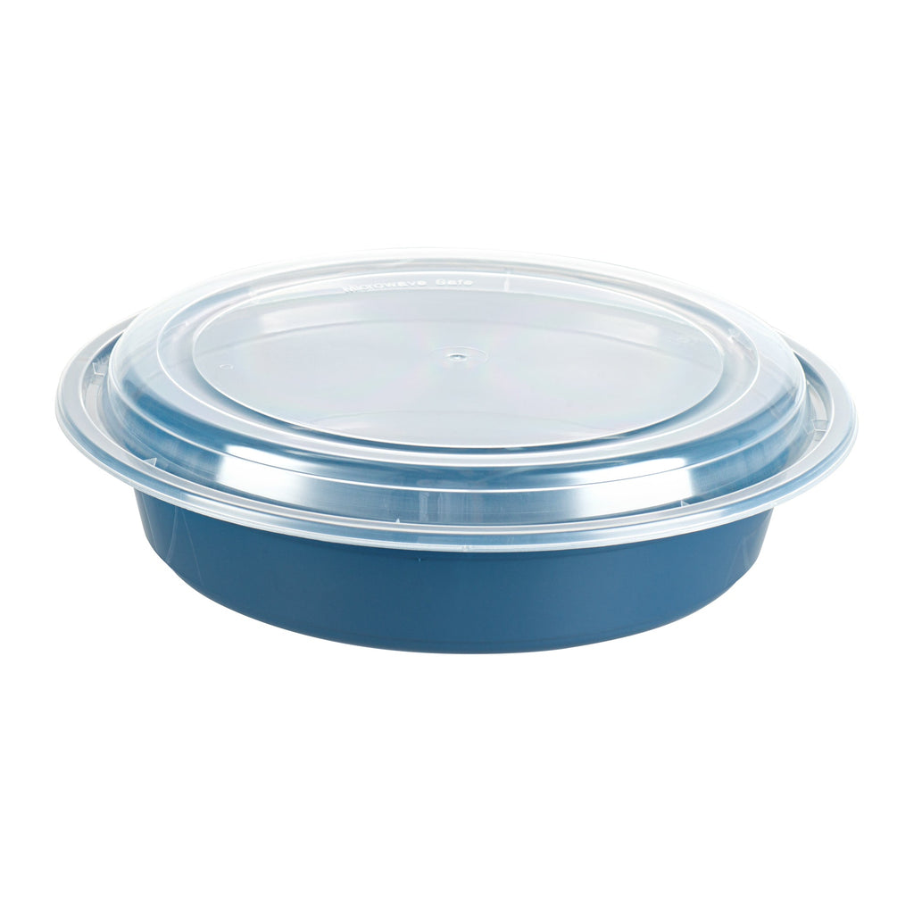 Asporto 48 oz Round Midnight Blue Plastic To Go Box - with Clear Lid, Microwavable - 9" x 9" x 1 3/4" - 100 count box