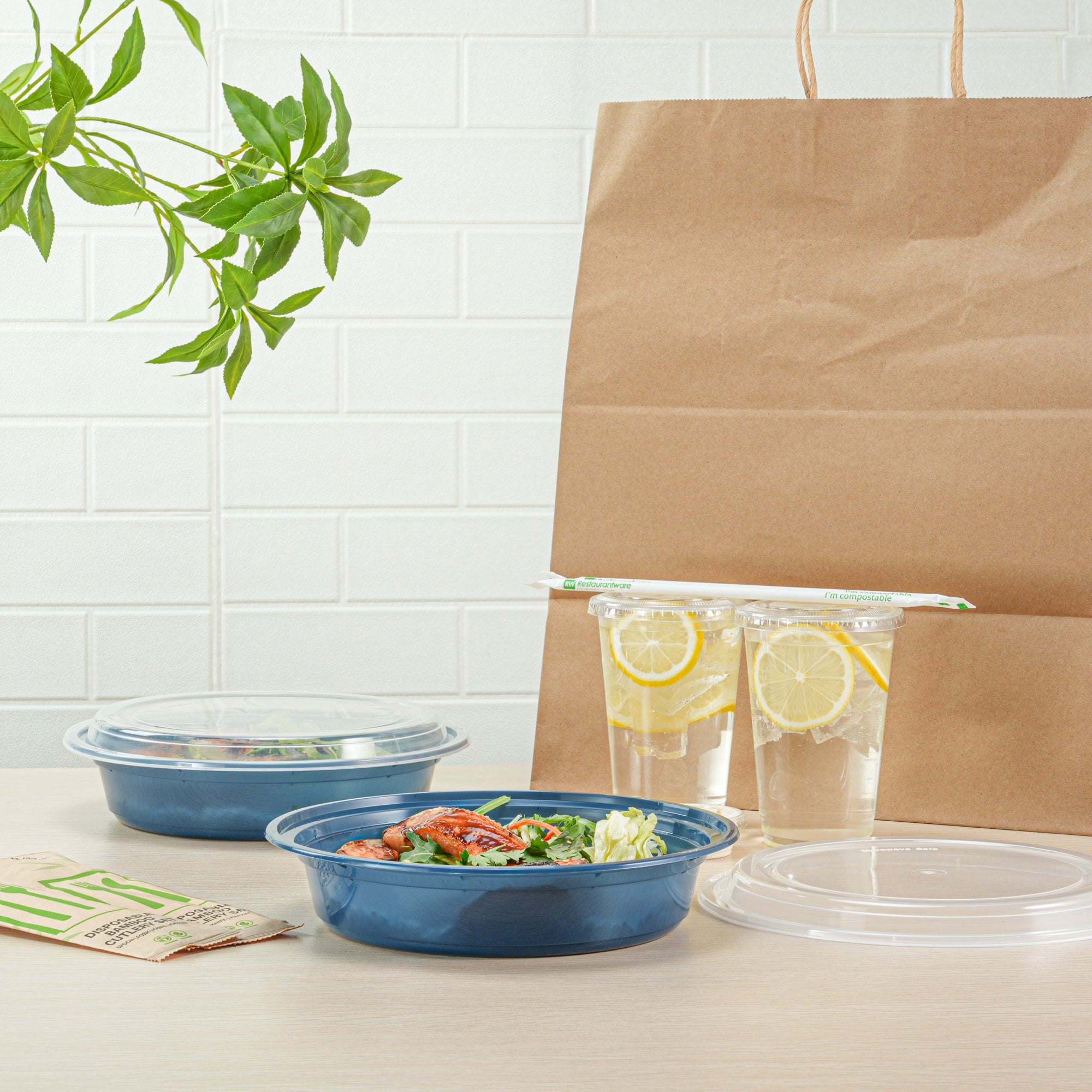 Asporto 48 oz Round Midnight Blue Plastic To Go Box - with Clear Lid, Microwavable - 9" x 9" x 1 3/4" - 100 count box