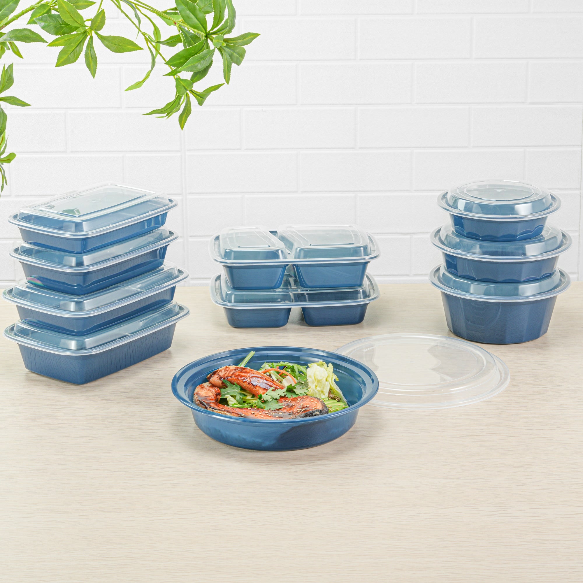 Asporto 48 oz Round Midnight Blue Plastic To Go Box - with Clear Lid, Microwavable - 9" x 9" x 1 3/4" - 100 count box