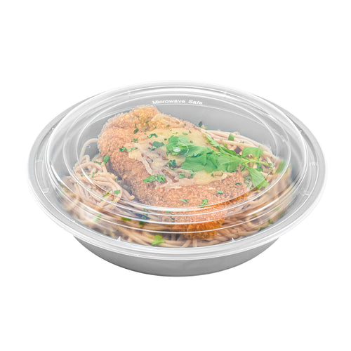 Asporto 48 oz Round Silver Plastic To Go Box - with Clear Lid, Microwavable - 9" x 9" x 1 3/4" - 100 count box