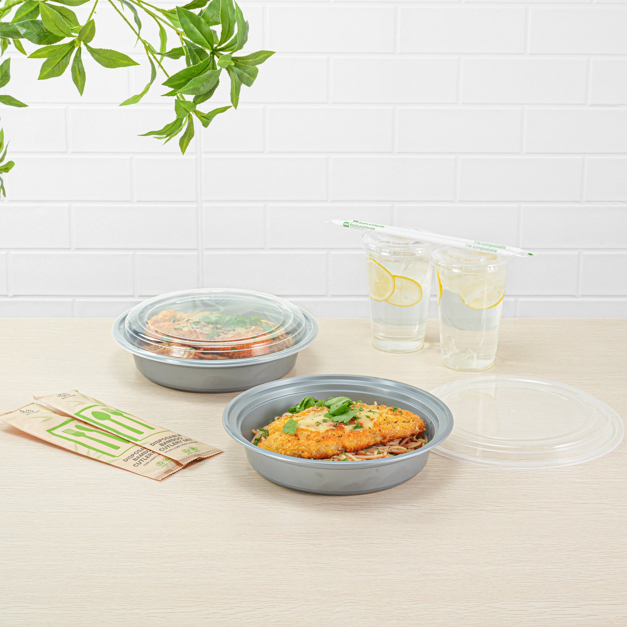 Asporto 48 oz Round Silver Plastic To Go Box - with Clear Lid, Microwavable - 9" x 9" x 1 3/4" - 100 count box