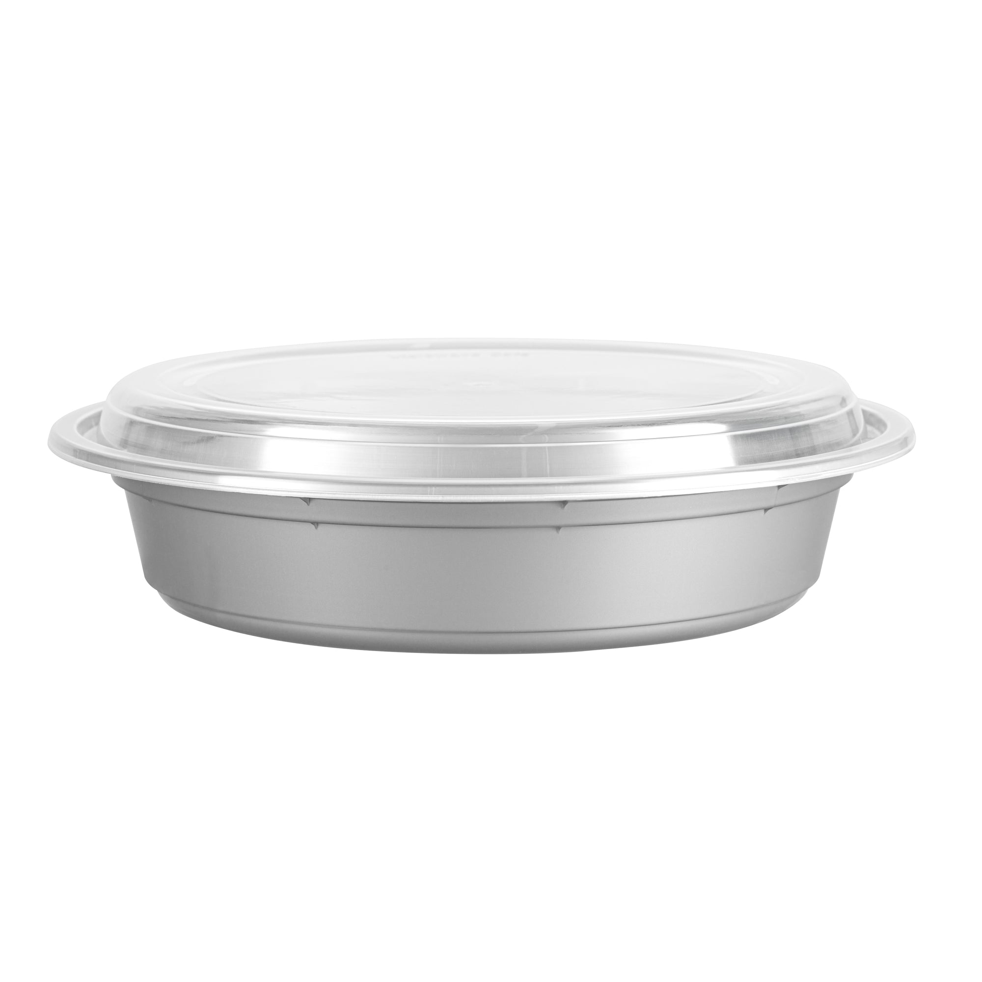 Asporto 48 oz Round Silver Plastic To Go Box - with Clear Lid, Microwavable - 9" x 9" x 1 3/4" - 100 count box