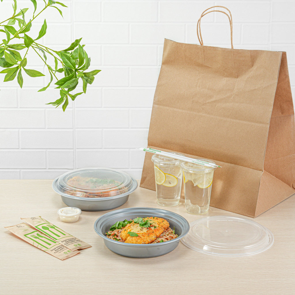 Asporto 48 oz Round Silver Plastic To Go Box - with Clear Lid, Microwavable - 9" x 9" x 1 3/4" - 100 count box