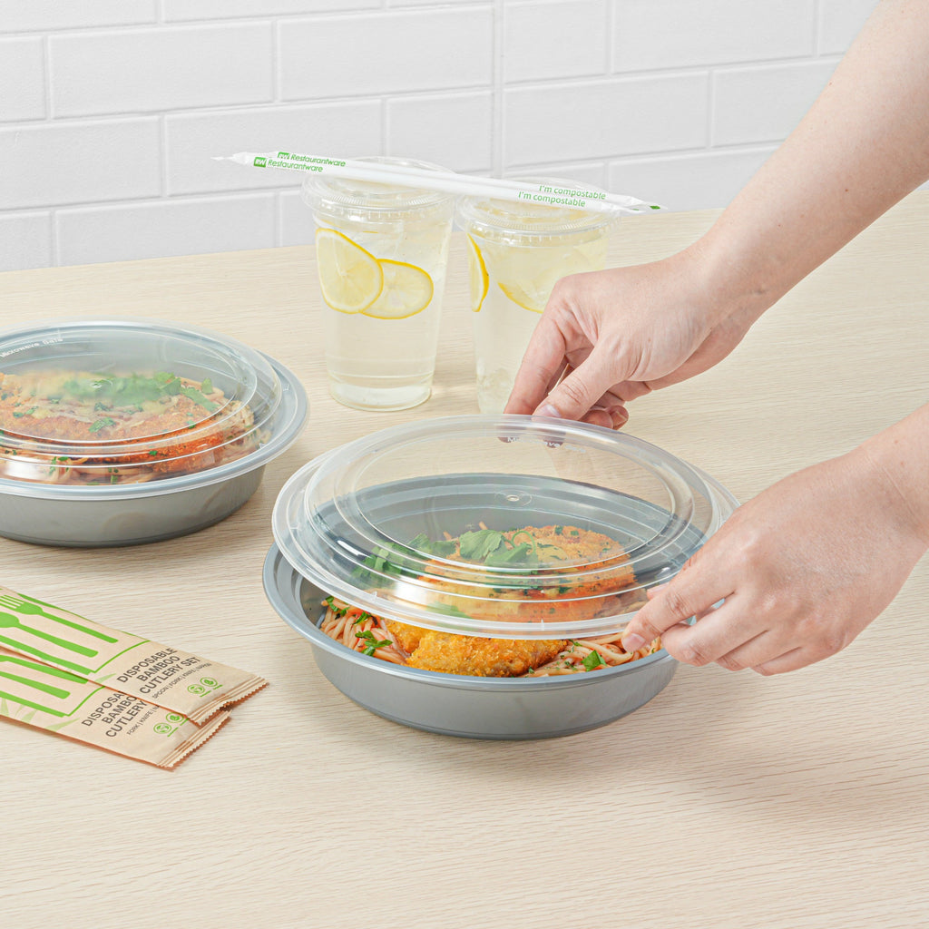 Asporto 48 oz Round Silver Plastic To Go Box - with Clear Lid, Microwavable - 9" x 9" x 1 3/4" - 100 count box