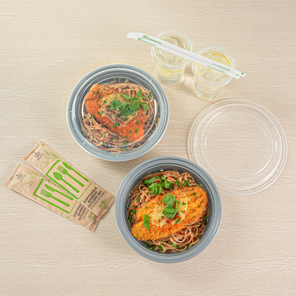 Asporto 48 oz Round Silver Plastic To Go Box - with Clear Lid, Microwavable - 9" x 9" x 1 3/4" - 100 count box