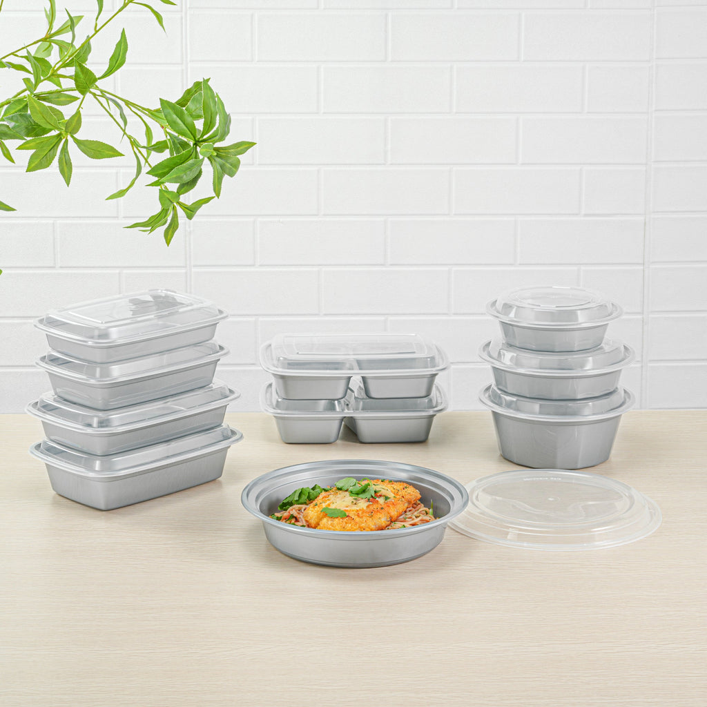 Asporto 48 oz Round Silver Plastic To Go Box - with Clear Lid, Microwavable - 9" x 9" x 1 3/4" - 100 count box