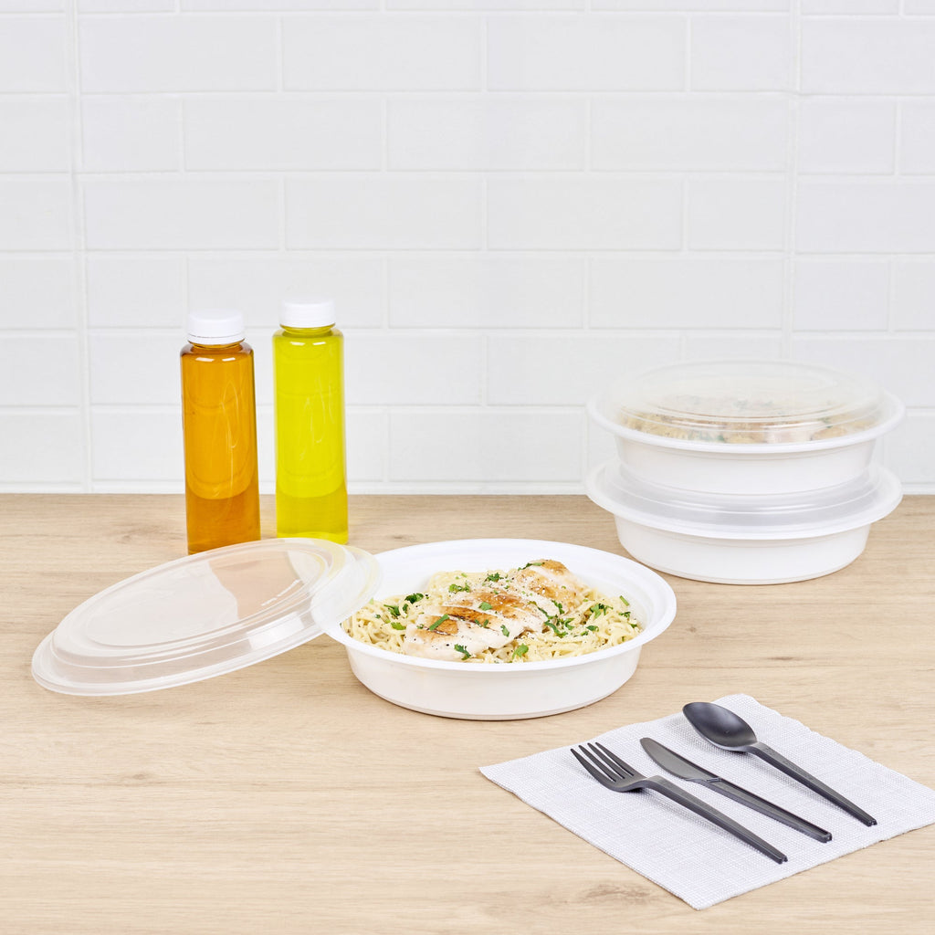 Asporto 48 oz Round White Plastic To Go Box - with Clear Lid, Microwavable - 9" x 9" x 1 3/4" - 50 count box
