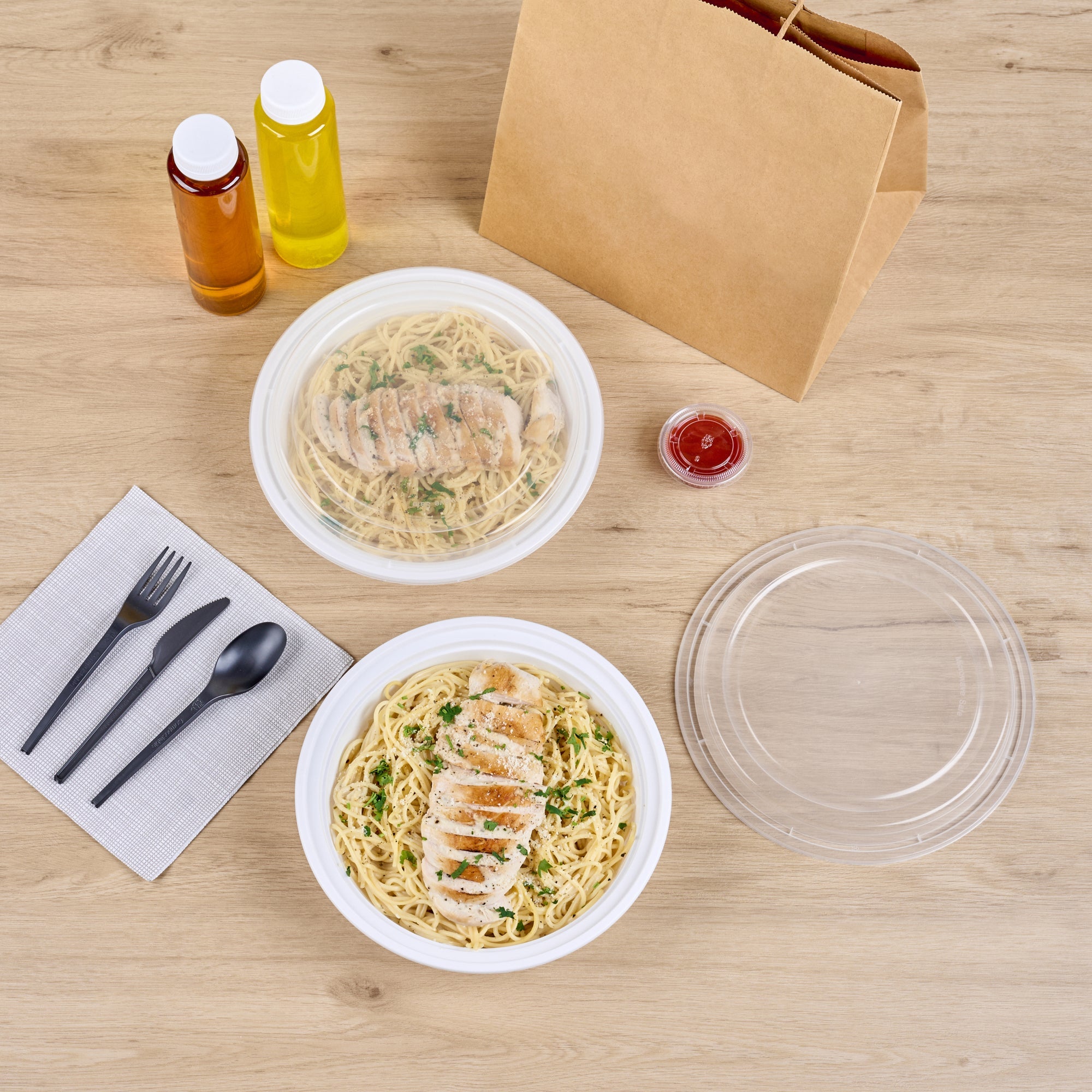 Asporto 48 oz Round White Plastic To Go Box - with Clear Lid, Microwavable - 9" x 9" x 1 3/4" - 50 count box