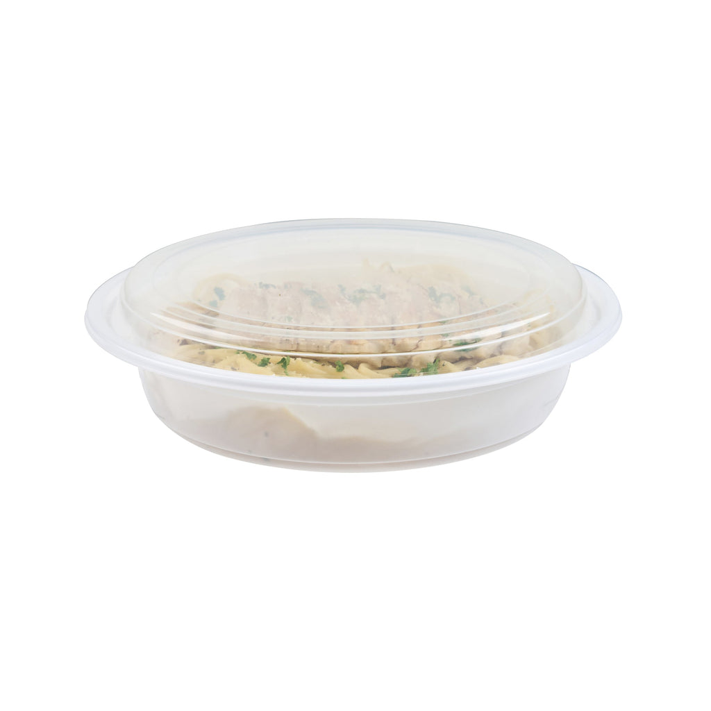 Asporto 48 oz Round White Plastic To Go Box - with Clear Lid, Microwavable - 9" x 9" x 1 3/4" - 100 count box