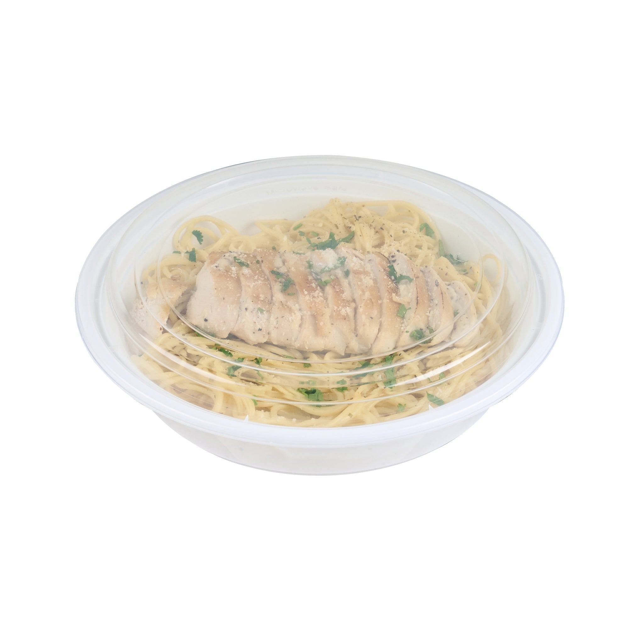 Asporto 48 oz Round White Plastic To Go Box - with Clear Lid, Microwavable - 9" x 9" x 1 3/4" - 100 count box
