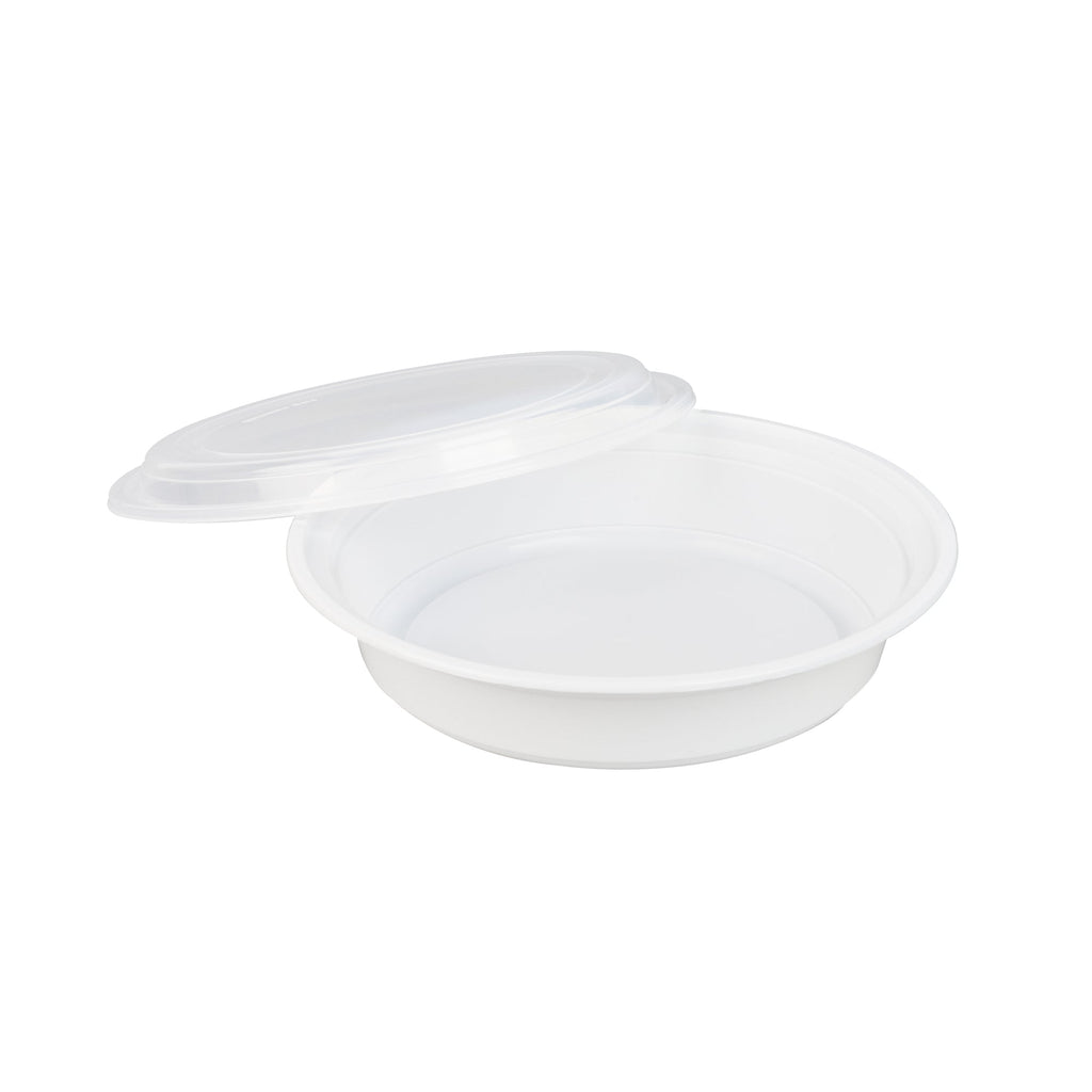 Asporto 48 oz Round White Plastic To Go Box - with Clear Lid, Microwavable - 9" x 9" x 1 3/4" - 100 count box